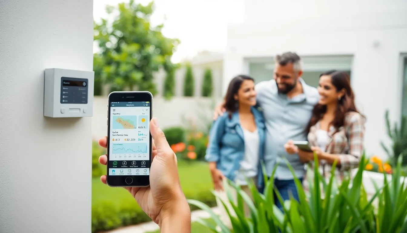 homeowners using smart irrigation technology in a modern garden.