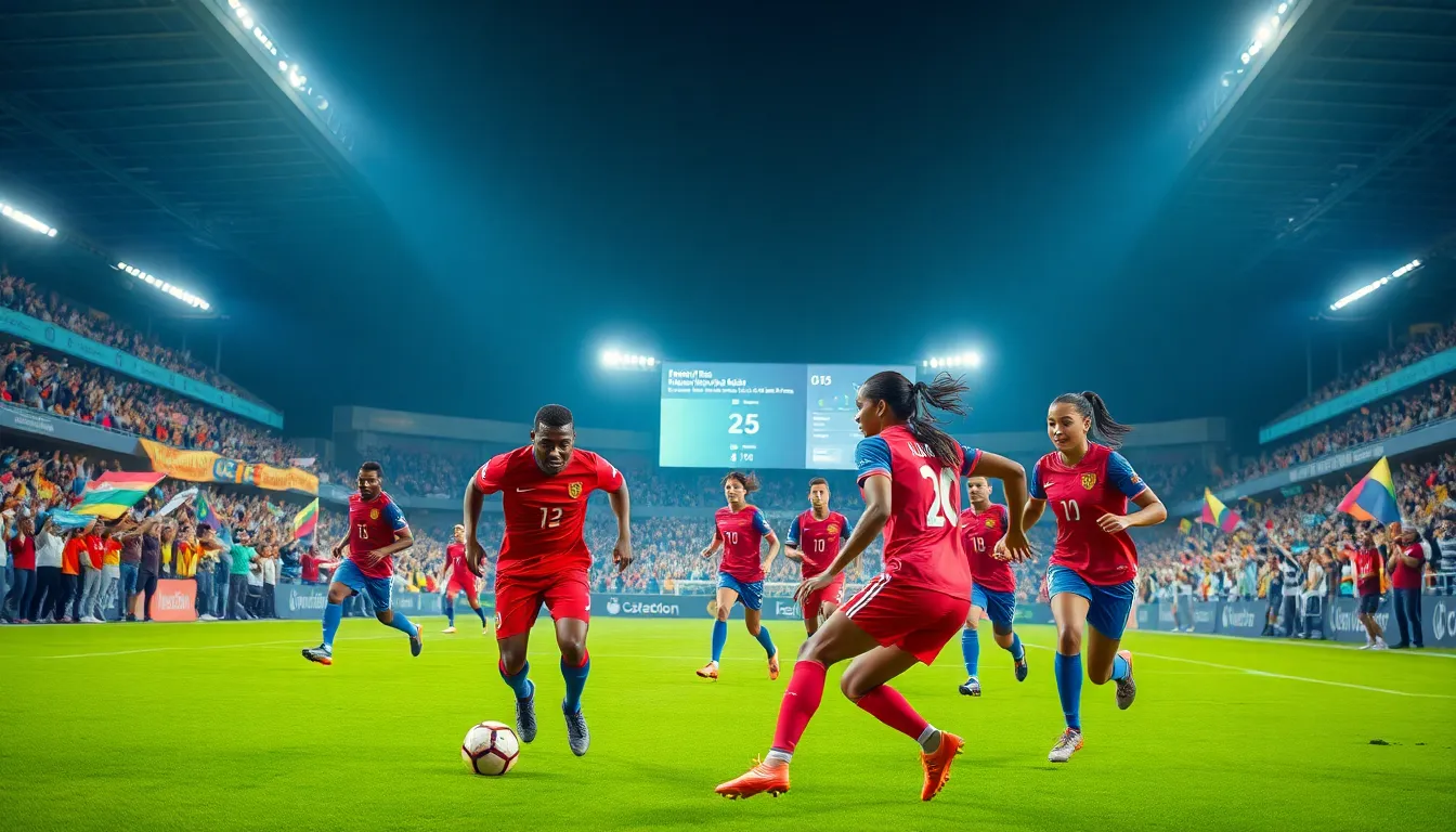 Diverse football players in action during a dynamic night match.