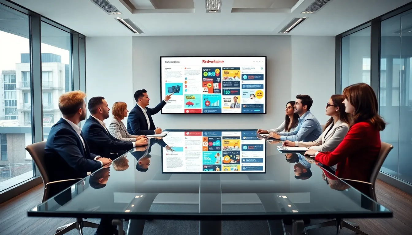 diverse team discussing social media trends in a modern office.