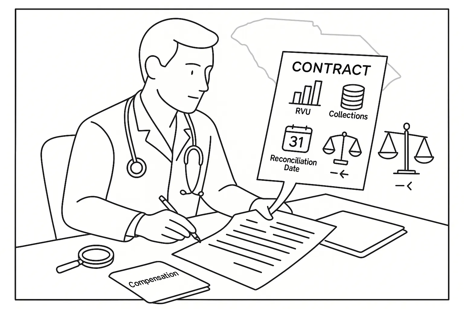 A physician assistant at a desk reviewing a compensation contract and icons.