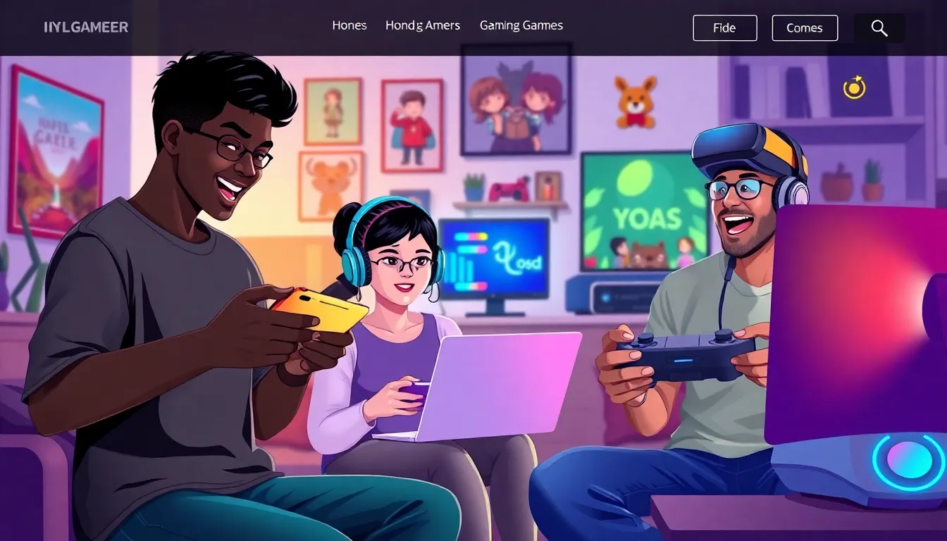 a diverse group of gamers enjoying different games on various devices.
