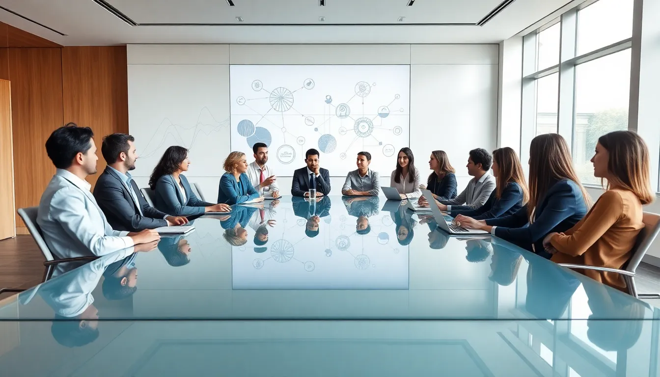 professionals discussing innovative concepts in a modern conference room.