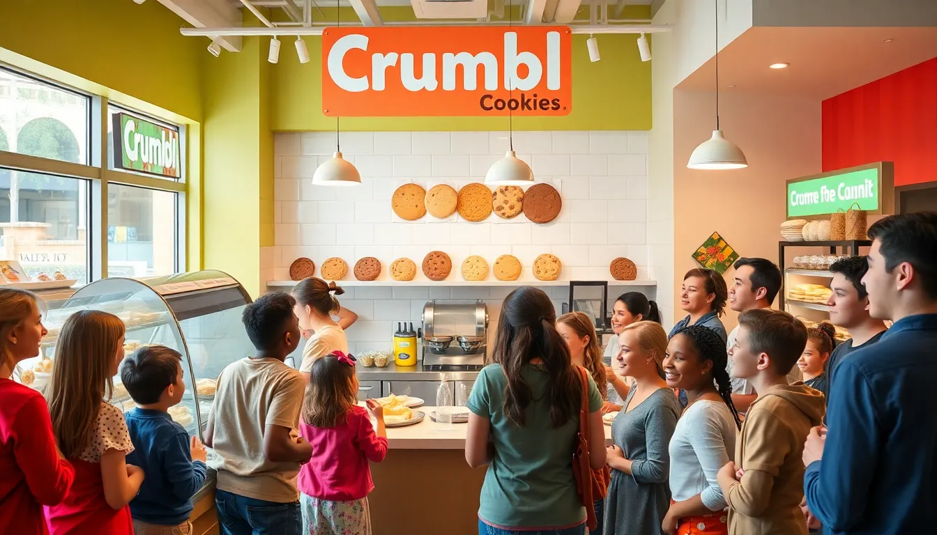 customers watching bakers in a vibrant Crumbl Cookies shop.