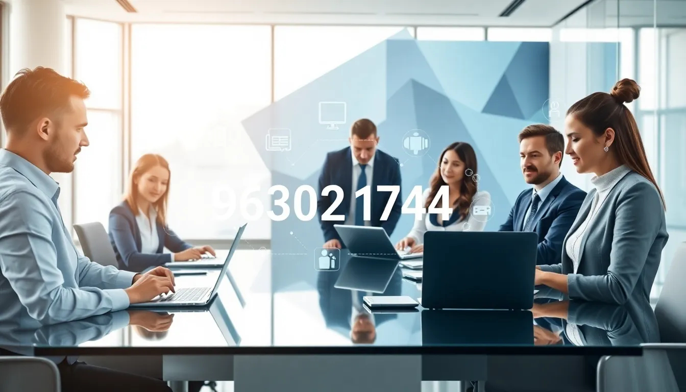 digital interface showcasing the number 963021434 in a modern office.