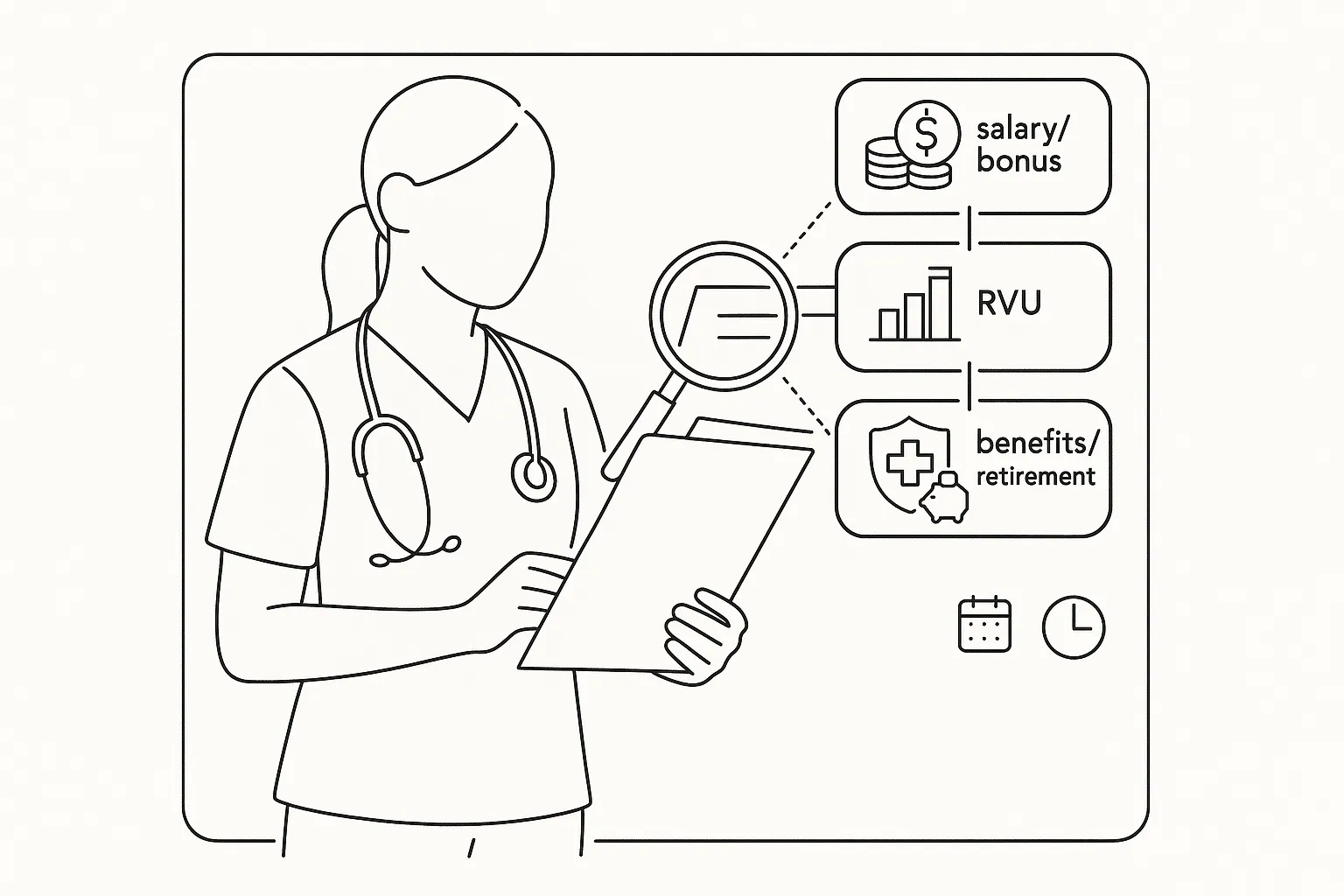 Nurse practitioner examining a contract with icons for salary, RVUs, and benefits.