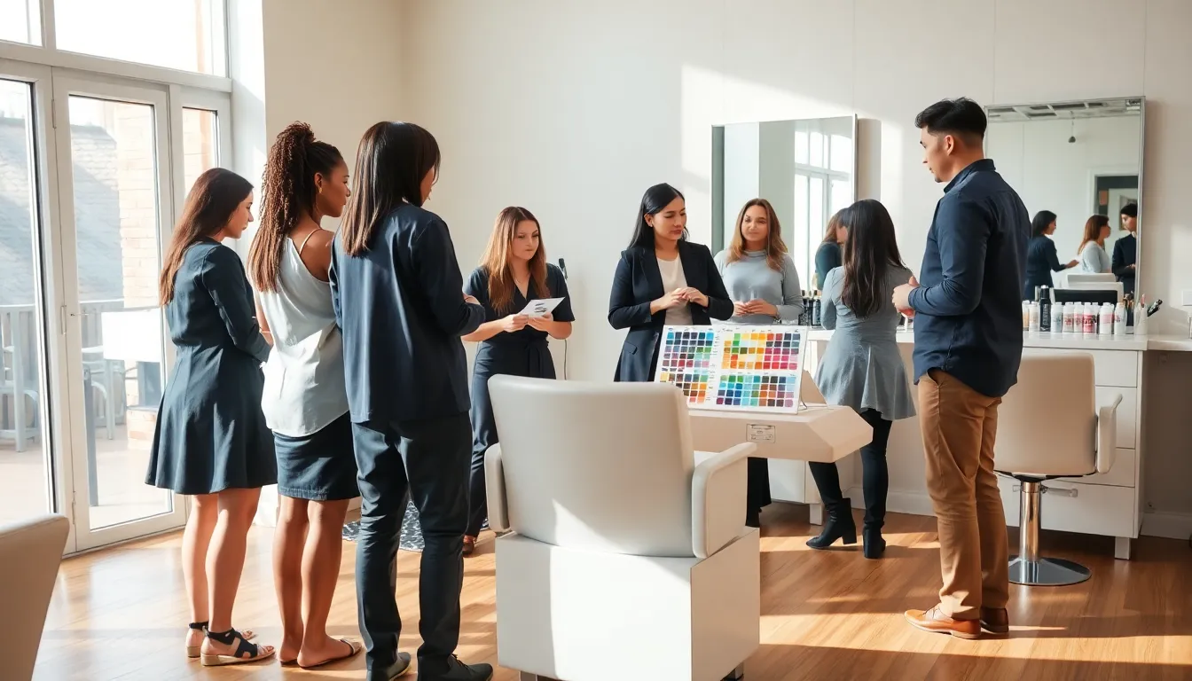 diverse stylists discussing hair dye techniques in a modern salon.