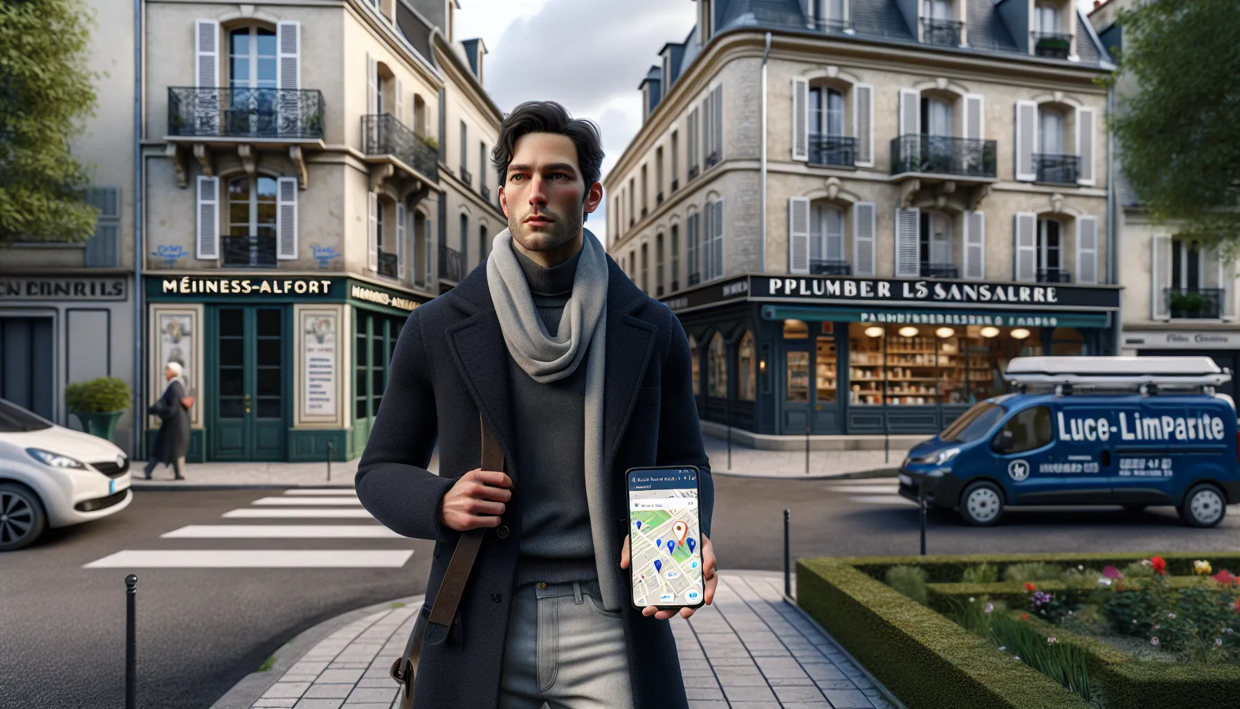 Man in Maisons-Alfort checking local business results on Google Maps on his phone.