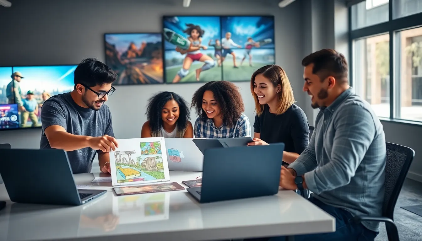 a diverse team of young professionals collaborating in a game development studio.