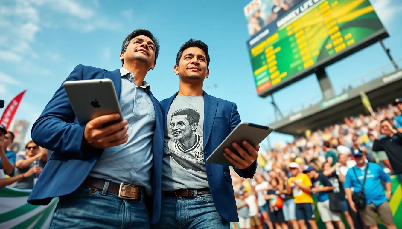 Jimmy Dominguez reporting at a sports event, surrounded by enthusiastic fans.