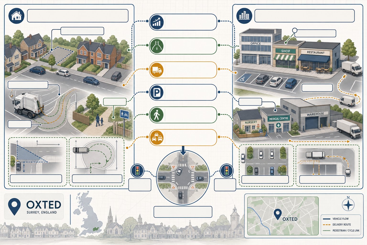 Infographic of development types needing traffic engineering review in Oxted.