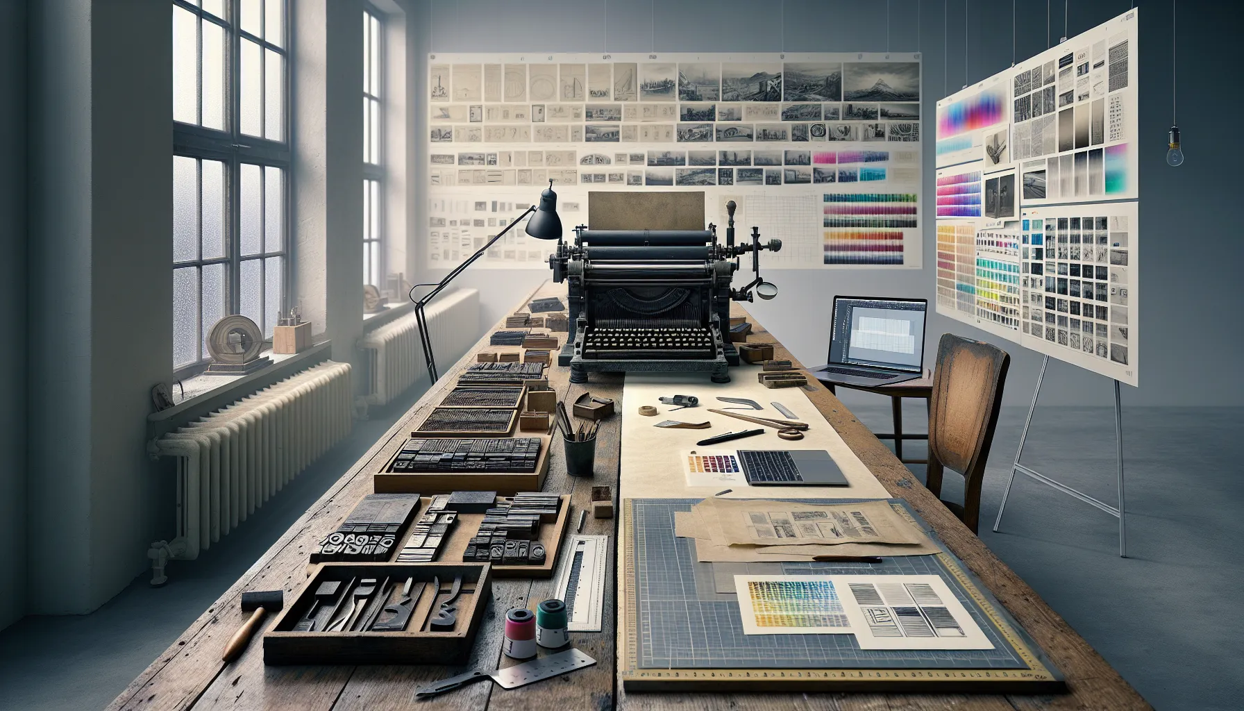 Designer at a desk bridging letterpress printing and modern digital graphic design.