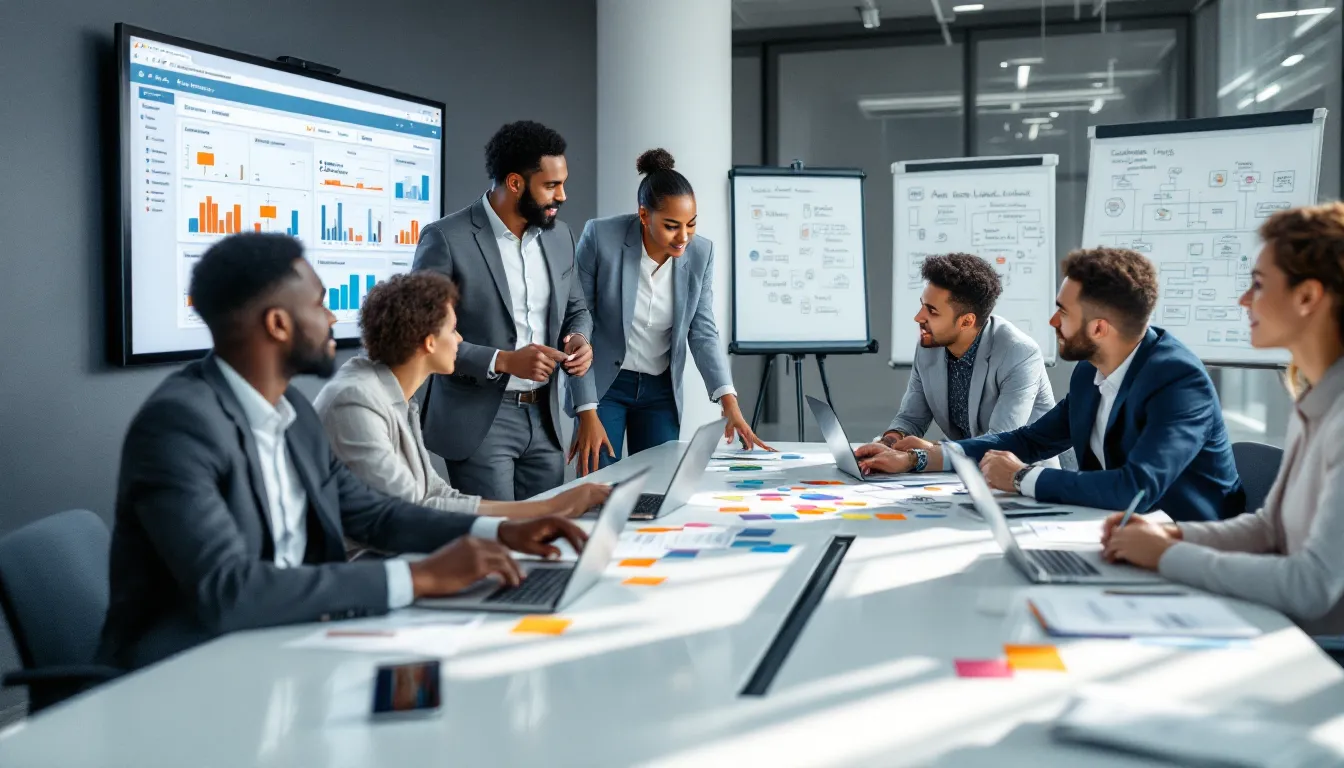Diverse business team analyzing operational workflows and AI opportunities in modern conference room.