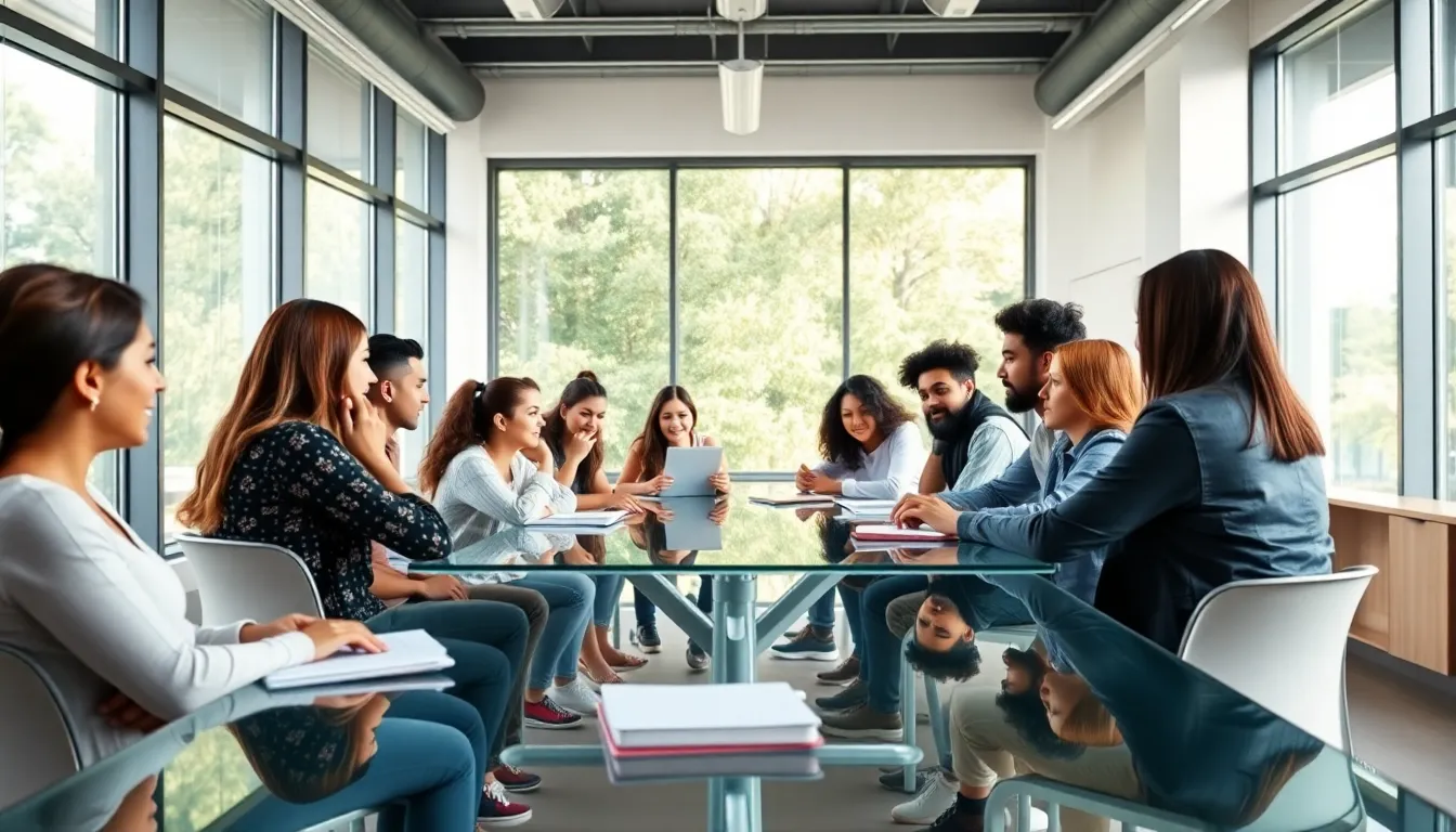 diverse students collaborating in a modern classroom setting.