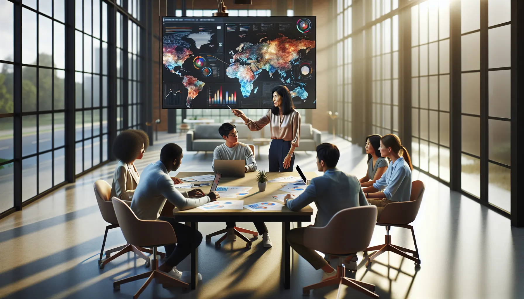 diverse professionals collaborating in a modern office, showcasing data insights.