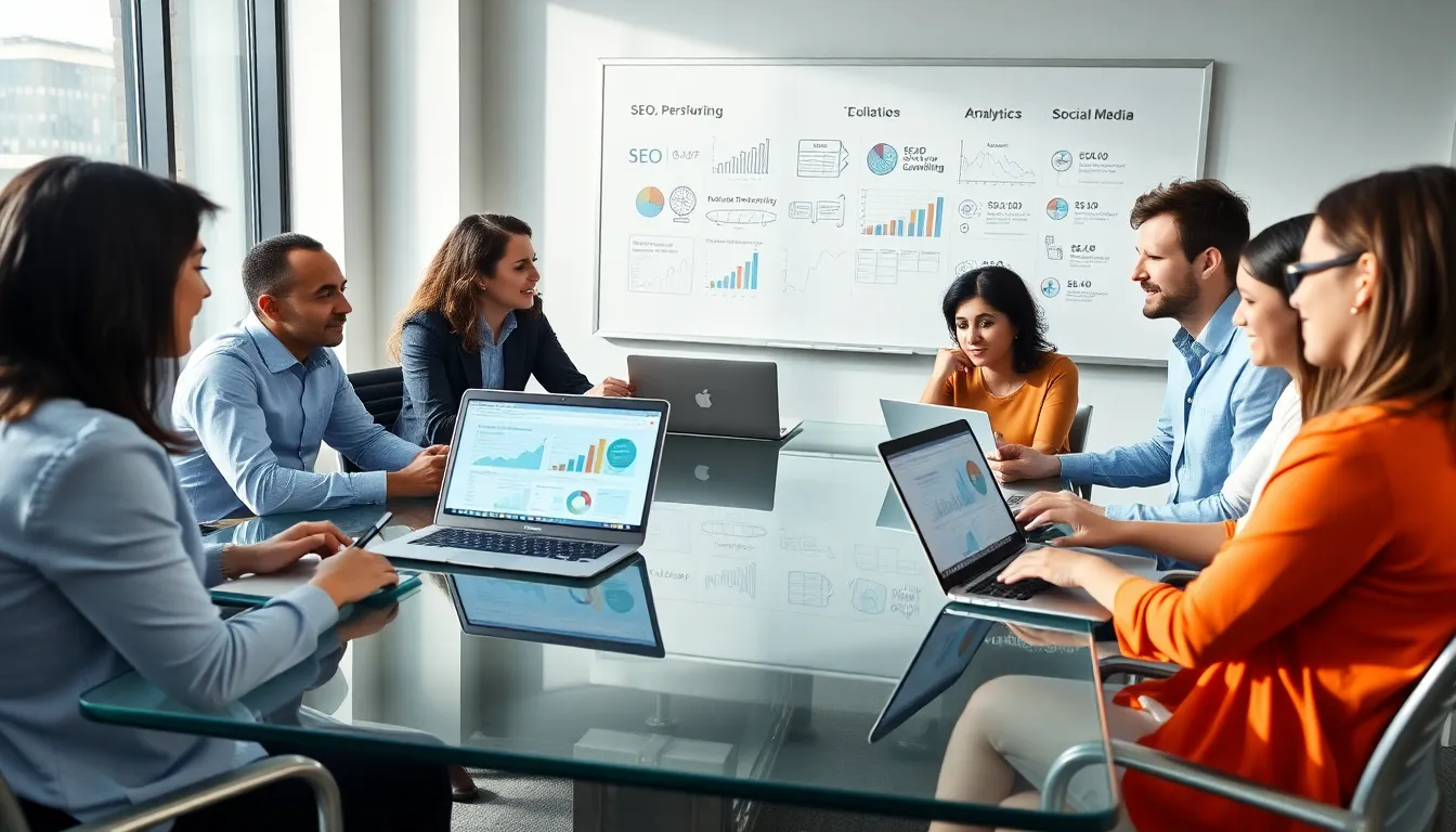 diverse professionals discussing digital marketing strategies in a modern office.