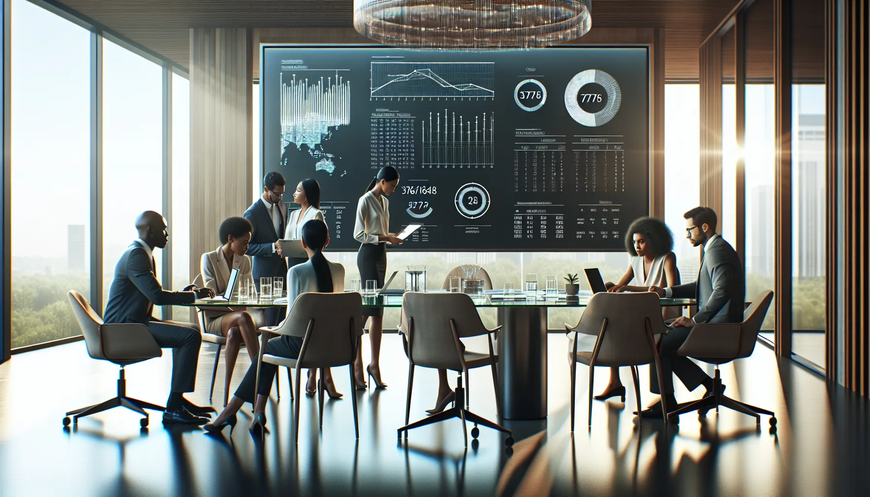 professionals discussing data analysis in a modern office.