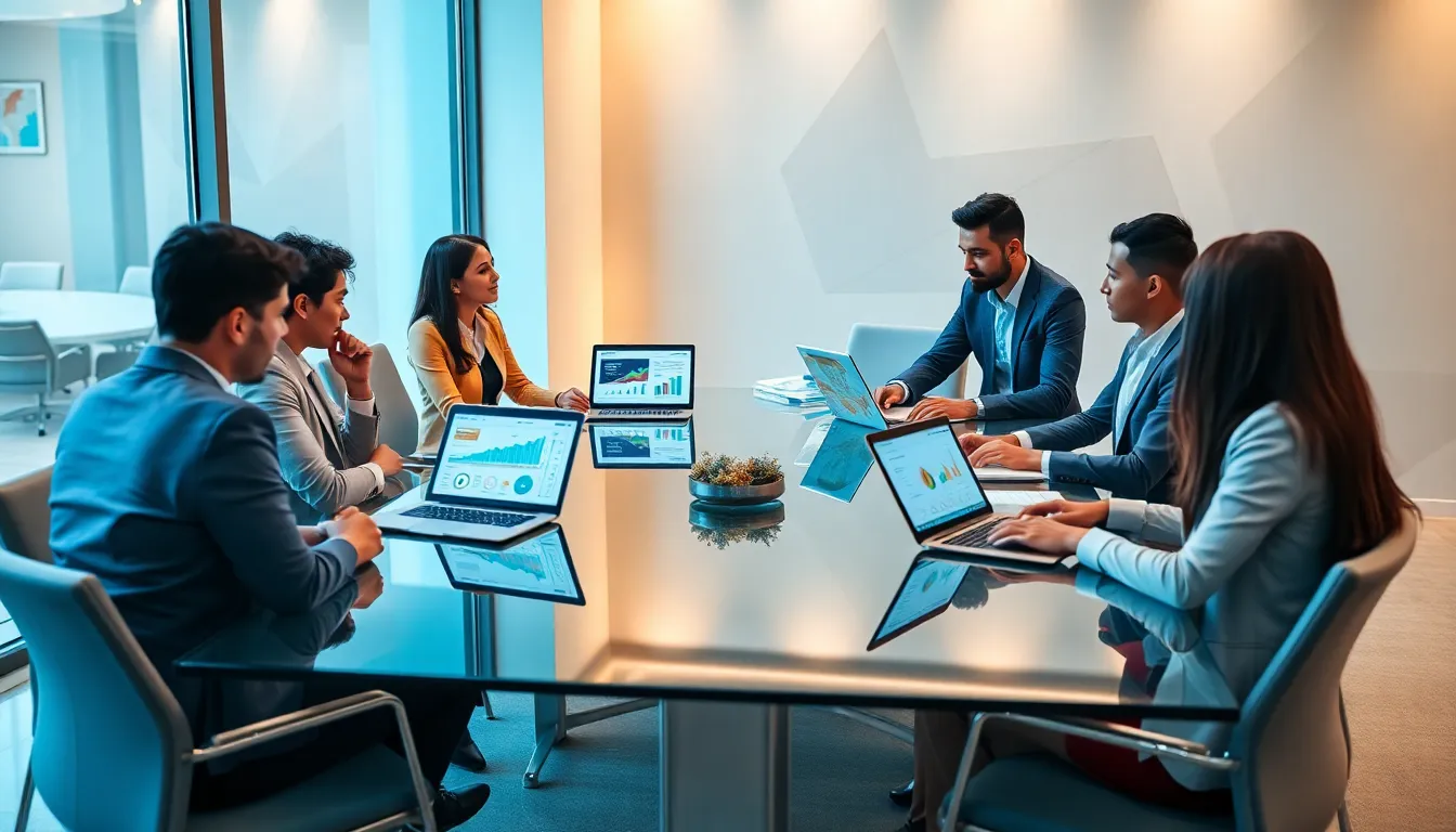 diverse team discussing digital marketing strategies in a modern office.