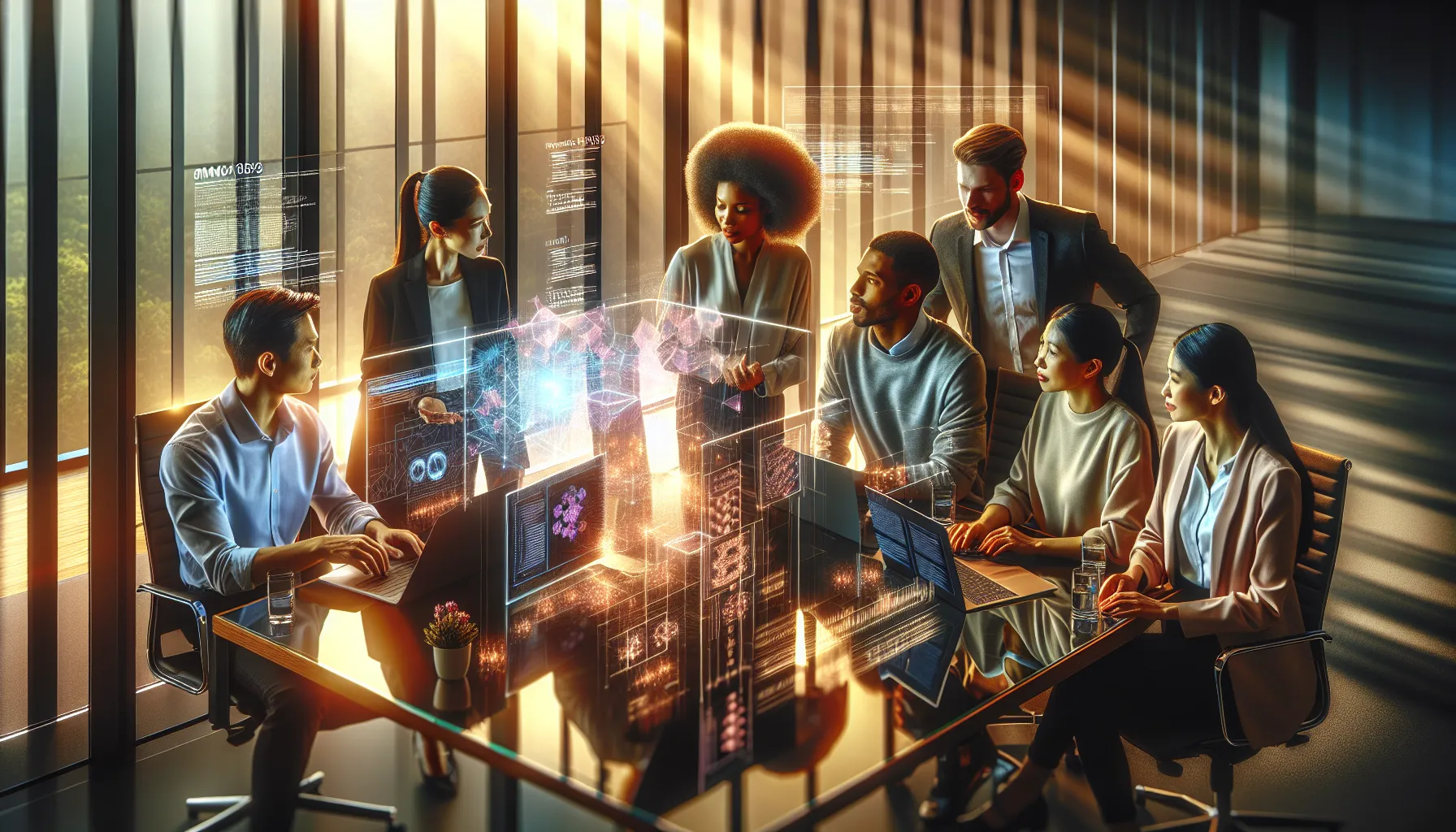 diverse team discussing technical specifications in a modern office.