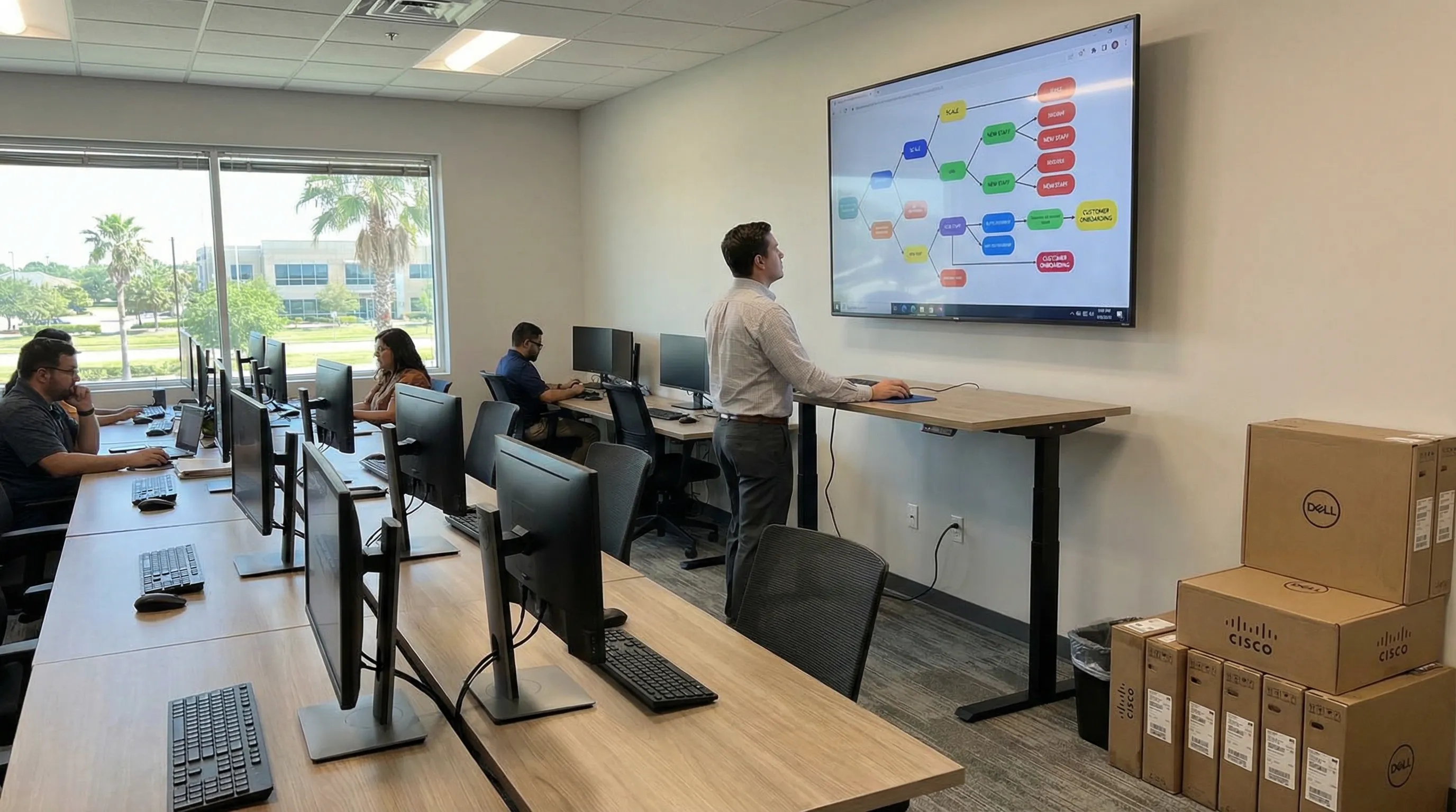 League City office setting where a professional updates an expanding workflow diagram on a large monitor in a space prepared for business growth and new staff.