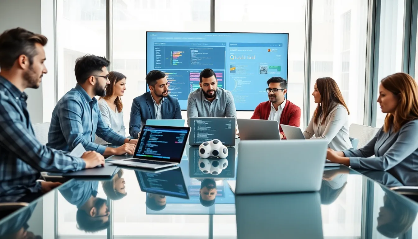 IT team discussing tech stack management in a modern office.