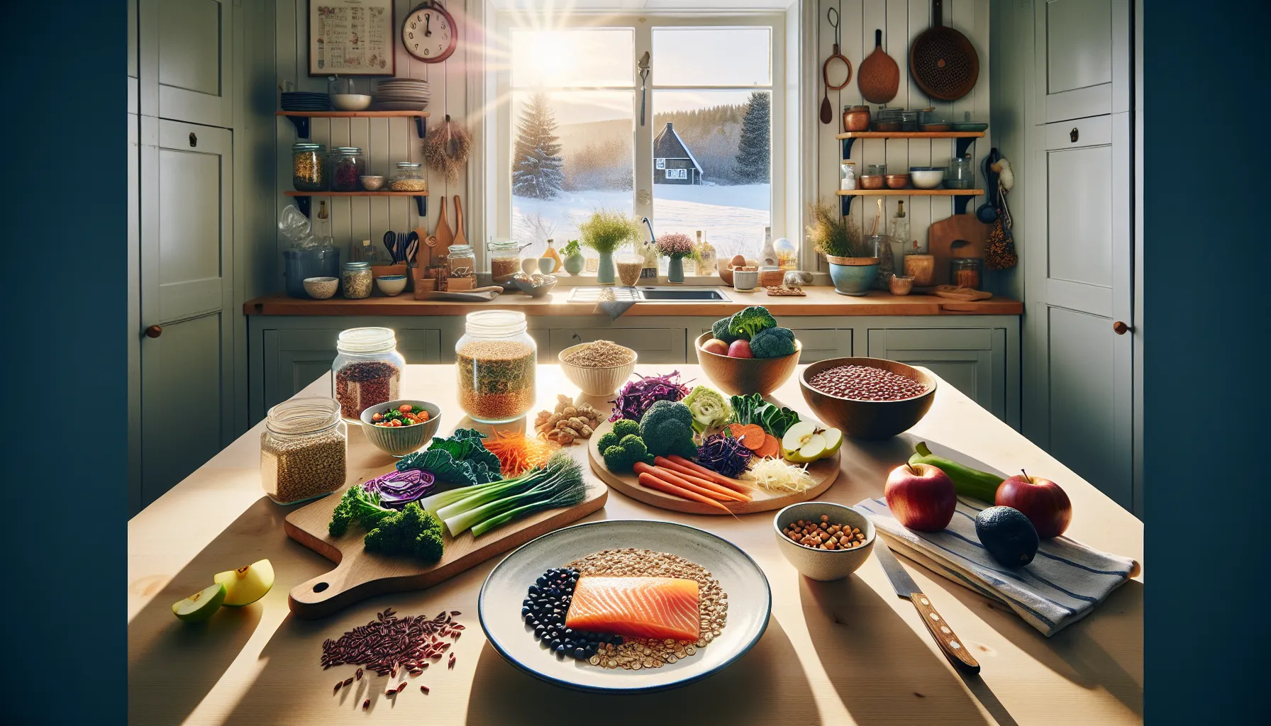 Norwegian kitchen plate with vegetables, barley, and salmon, surrounded by healthy staples.