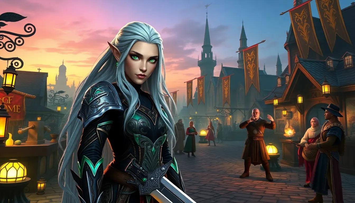 A female elf warrior stands in a bustling marketplace in Neverwinter at twilight.