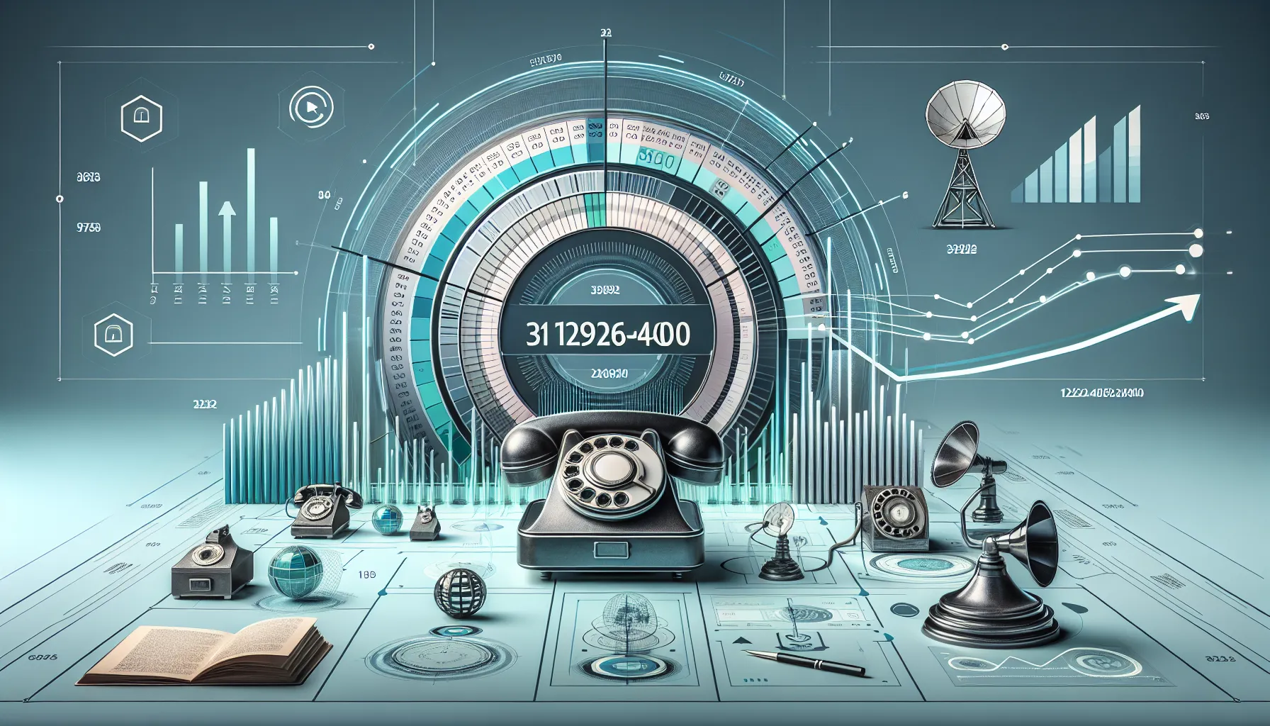 Infographic of the number 3129268400 with telecom and economic symbols.