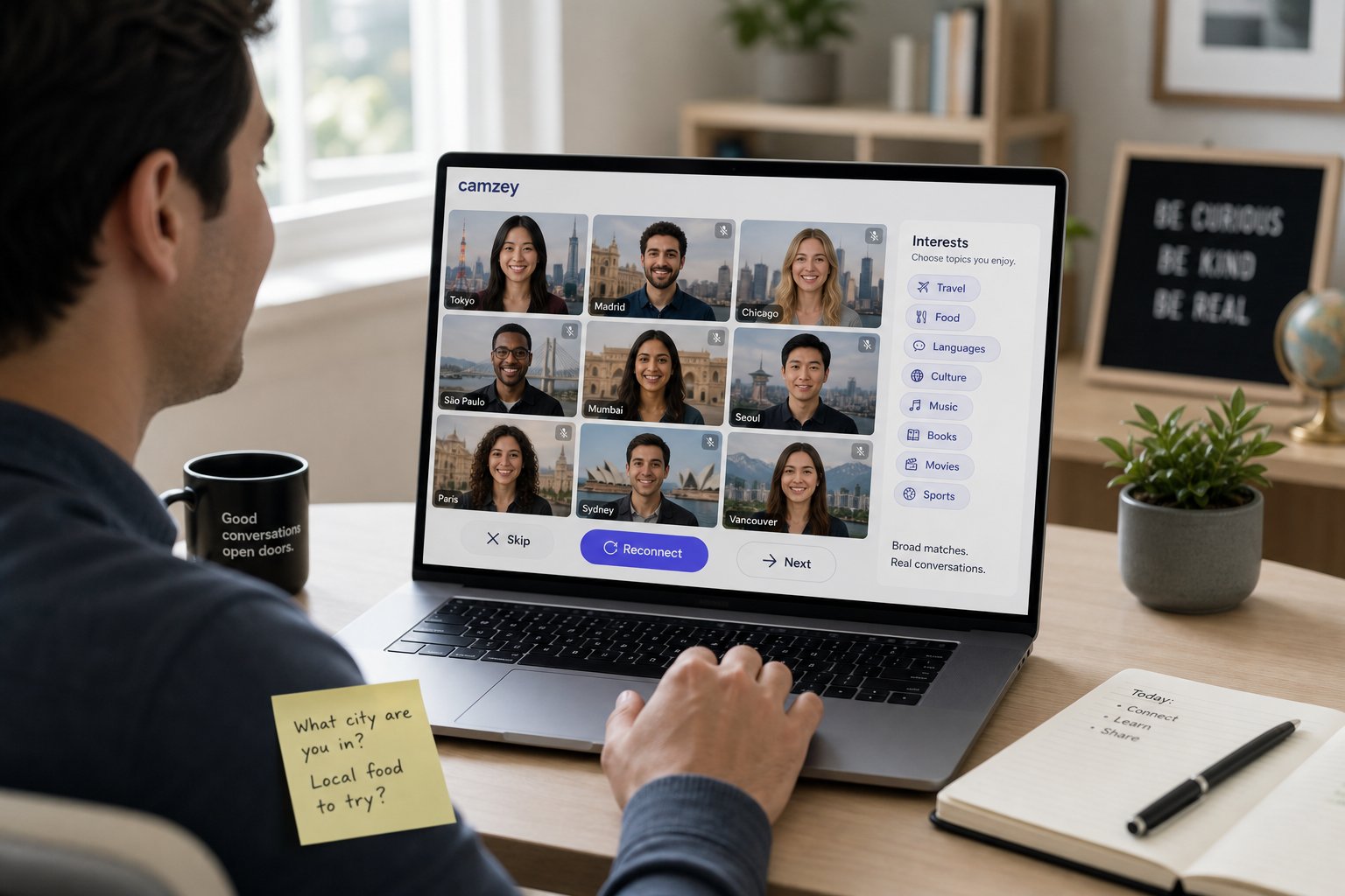 Professional using laptop video chat with diverse matches and simple interests filters.