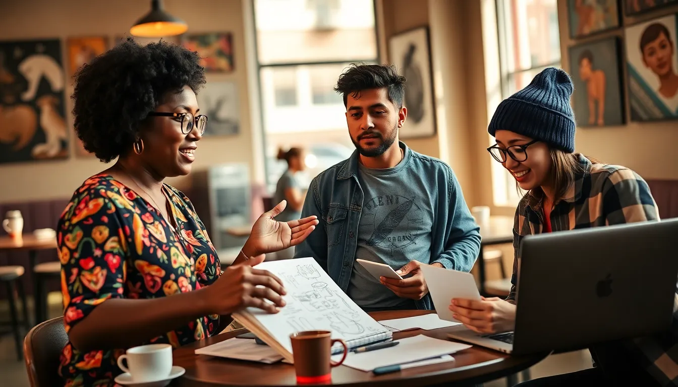A group of diverse young creatives brainstorming ideas in a cozy café.