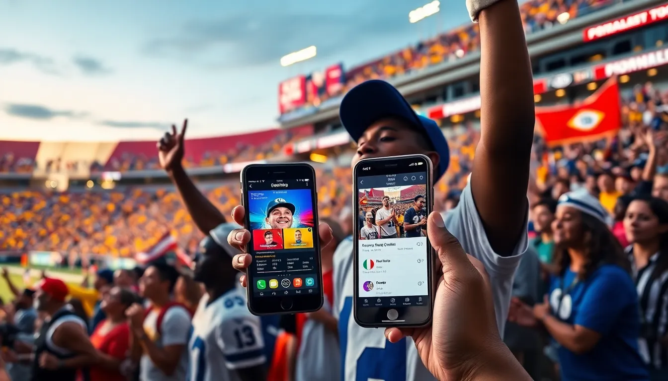fans cheering at a football game with smartphones displaying live updates.