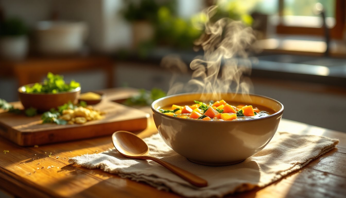 A steaming bowl of warm vegetable soup on a rustic kitchen table in sunlight.