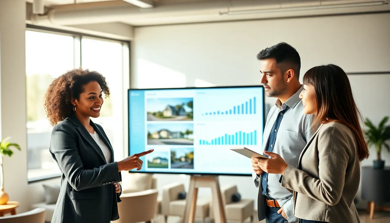 real estate agents discussing property listings with modern technology in an office.