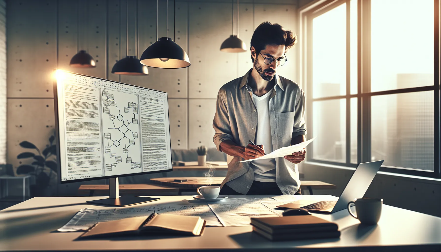 Entrepreneur working on crypto whitepaper template at modern home office desk with dual monitors.