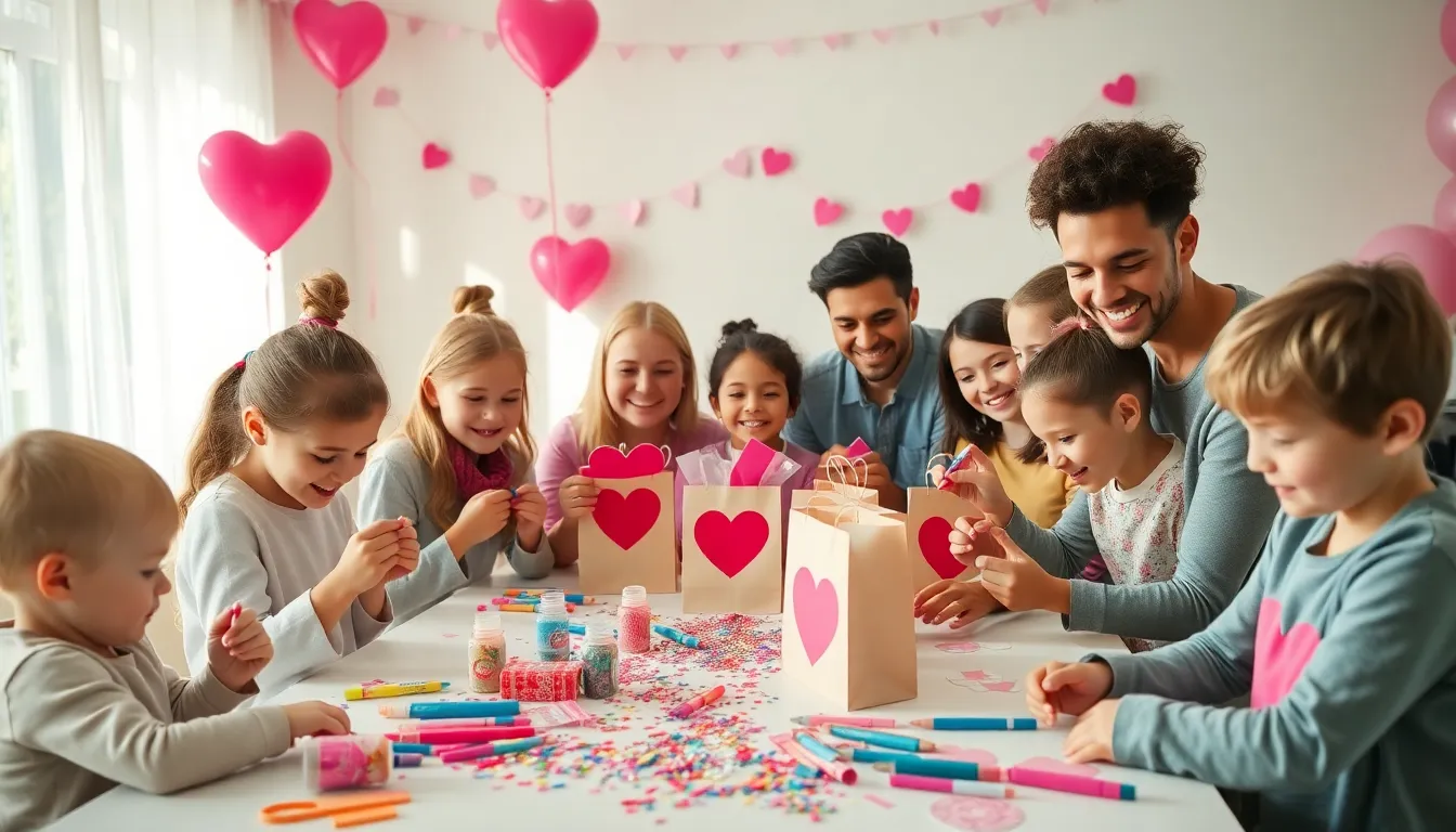 children and adults decorating Valentine bags together.