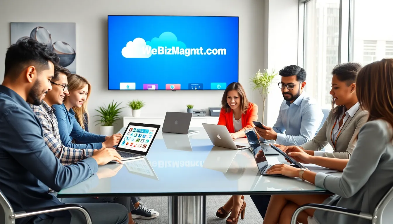 team discussing WebBizMagnet.com apps in a modern office.