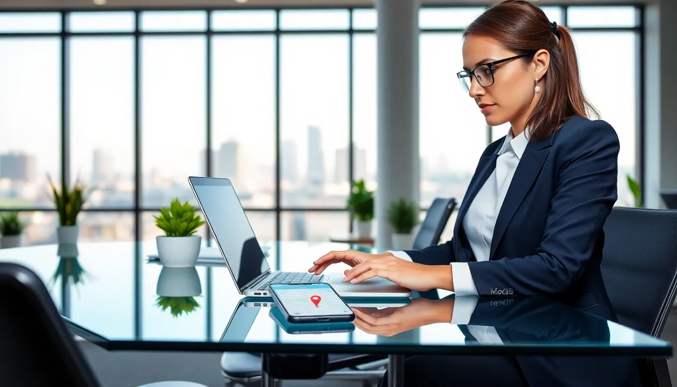 professional monitoring T-Mobile phone tracker in a modern office.