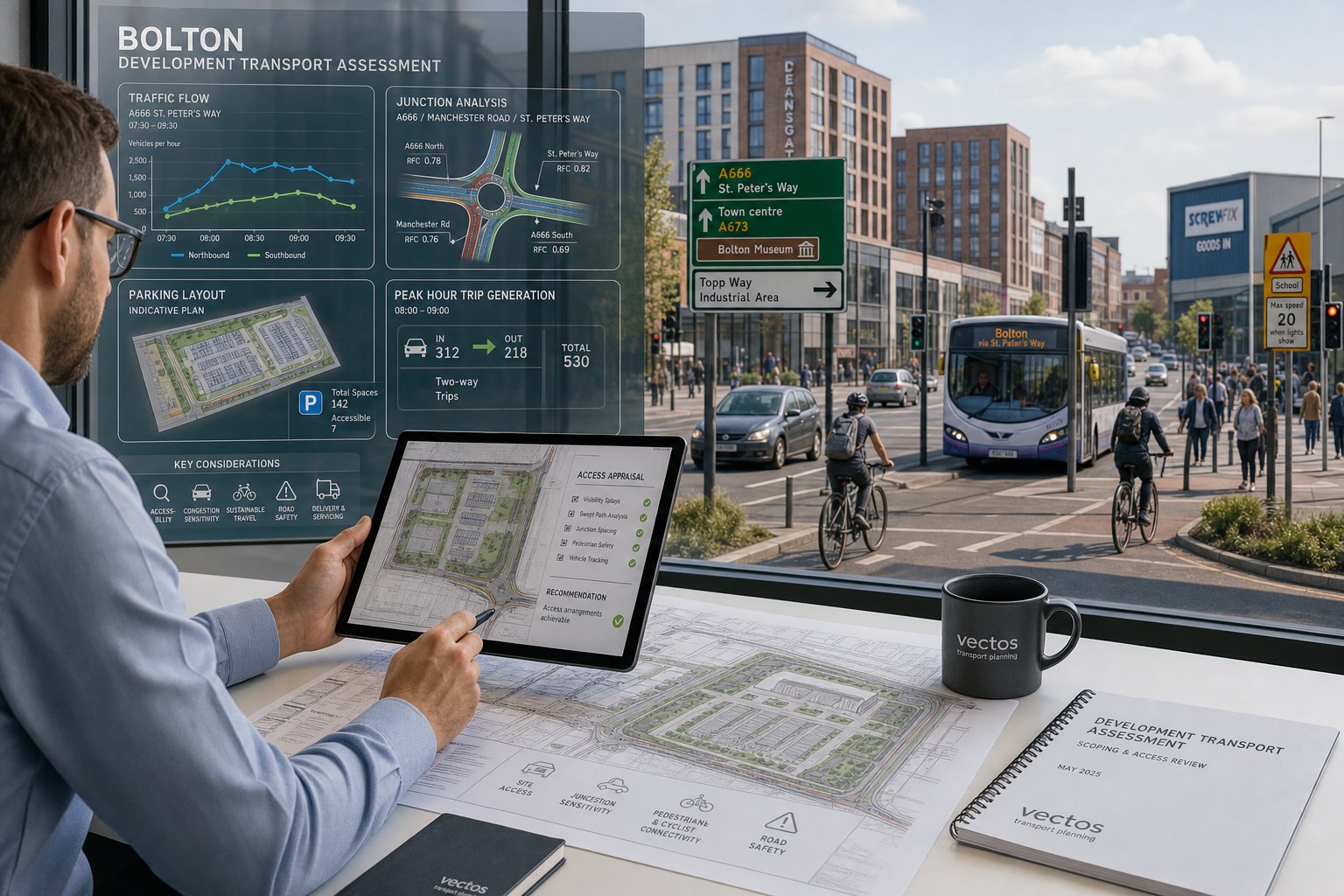 Traffic engineer reviewing Bolton development traffic plans and junction data.
