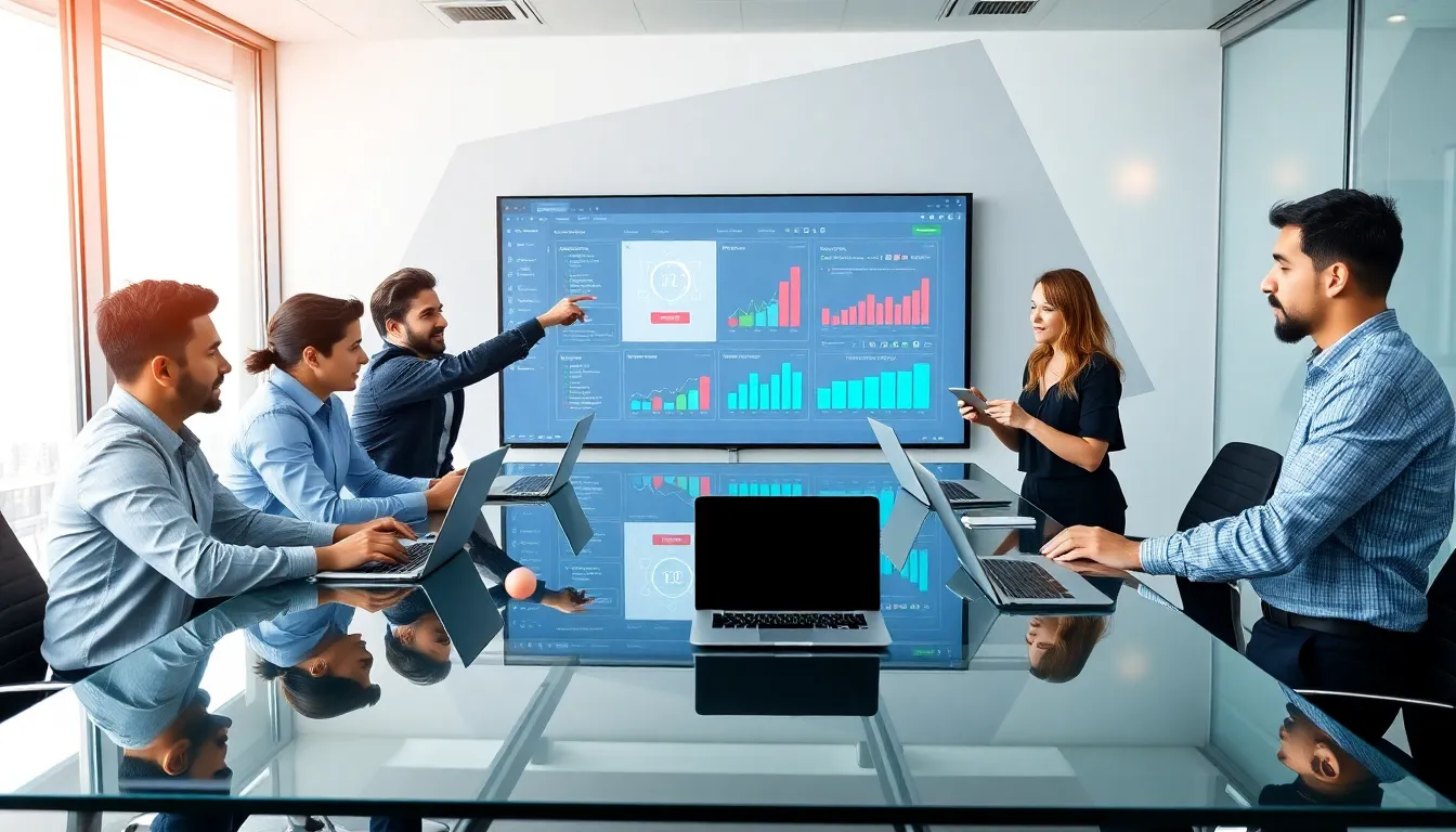 diverse IT team collaborating on software issues in a modern office.