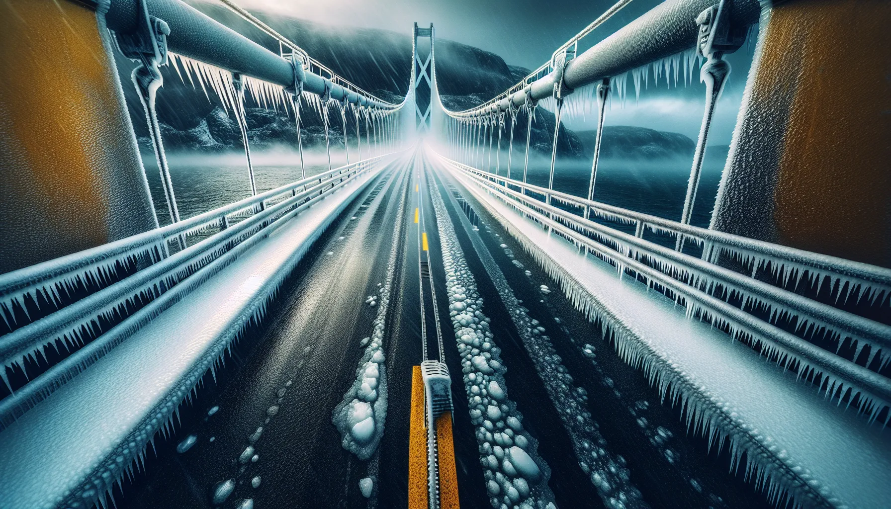 Hvordan bygge trygge og robuste broer i norge 3 Iced norwegian suspension bridge deck with expansion joint and wind-swept fjord.