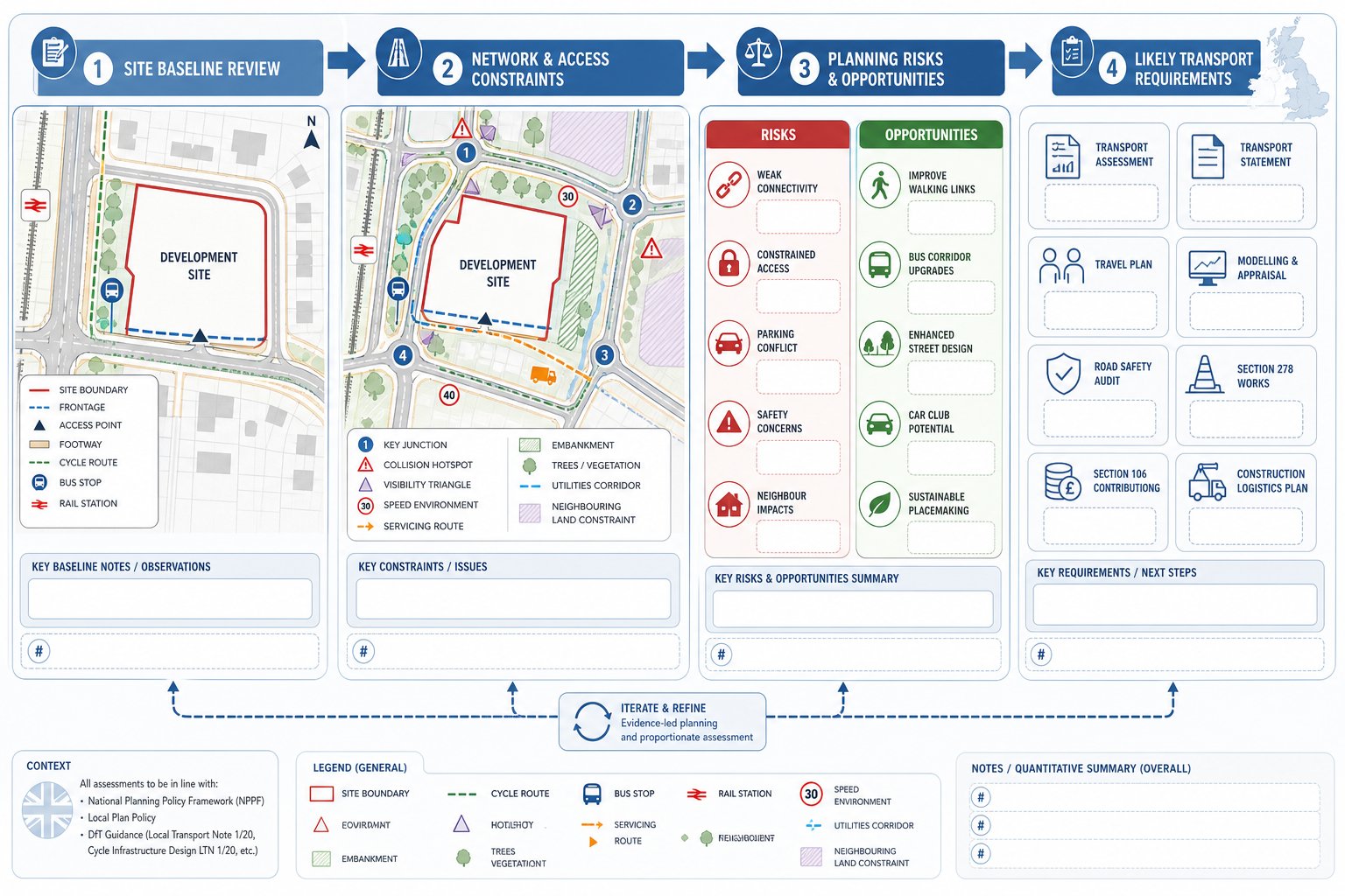Transport planning process for site feasibility, risks, access, and requirements.