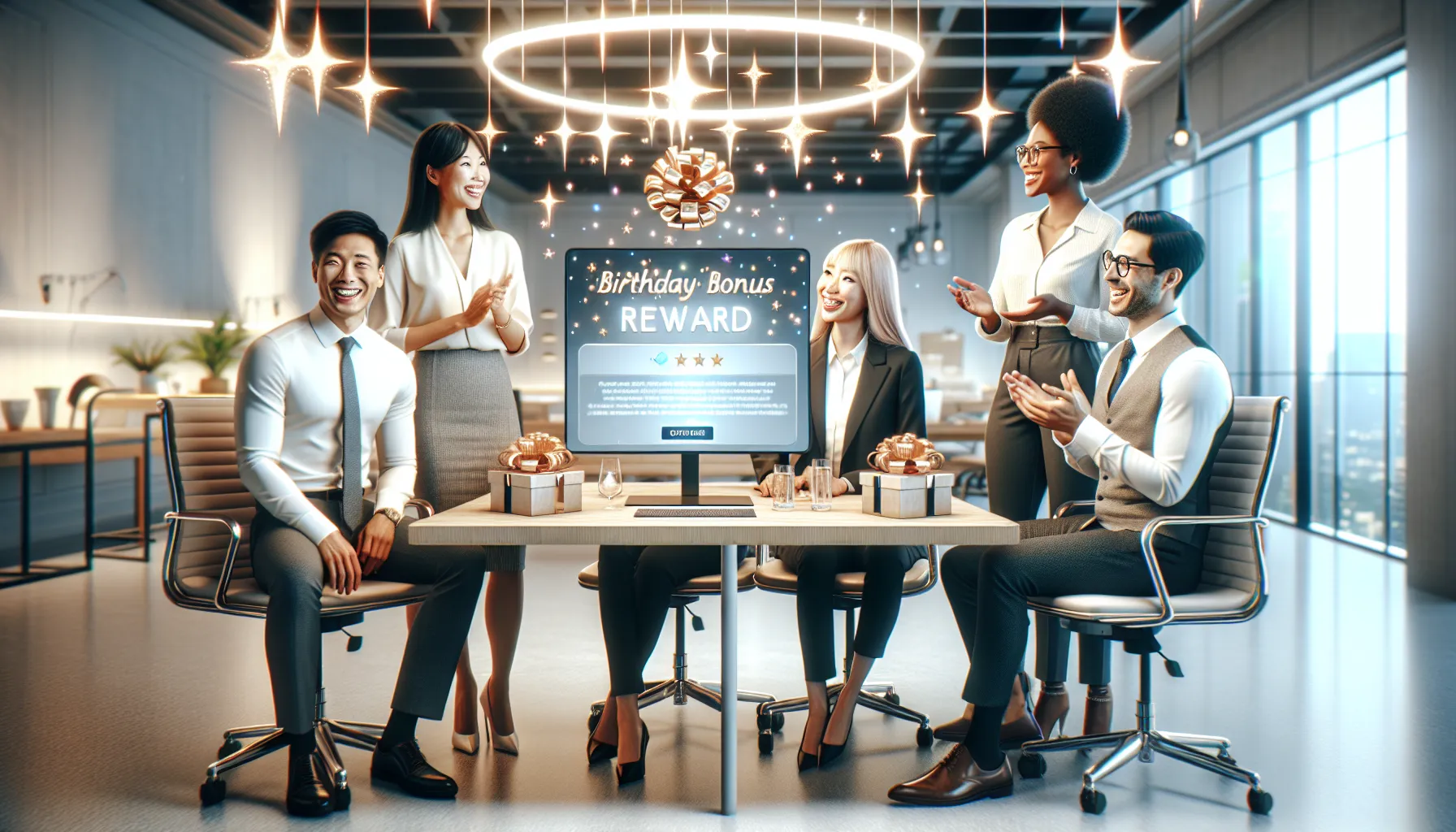 A diverse team celebrates a digital birthday bonus in a sleek, modern setting.