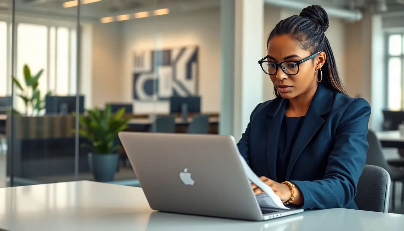 A woman reviewing a privacy policy at a modern office desk.