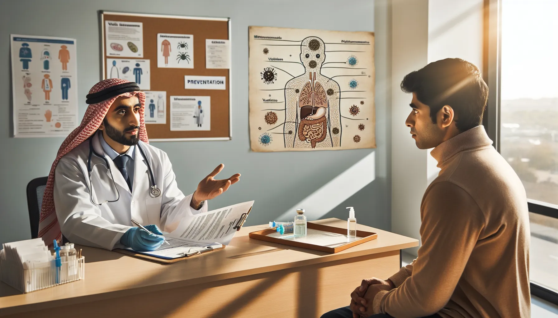 A healthcare professional discussing infection prevention with a patient in a clinic.