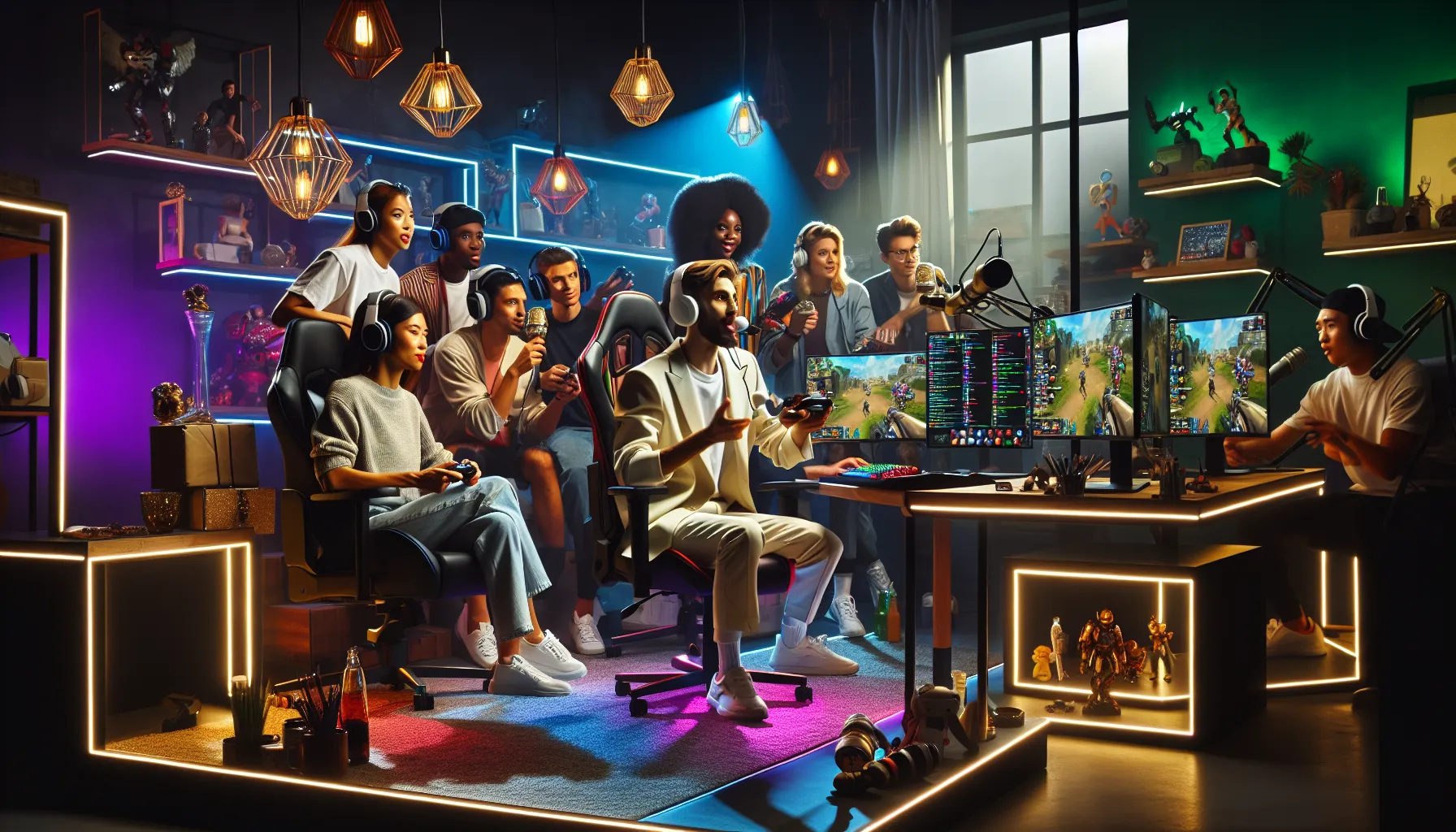 gamers live streaming in a modern gaming lounge.