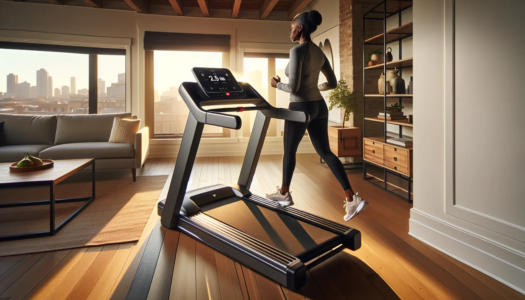 Senior woman testing a treadmill with extended handles in a sunlit apartment.