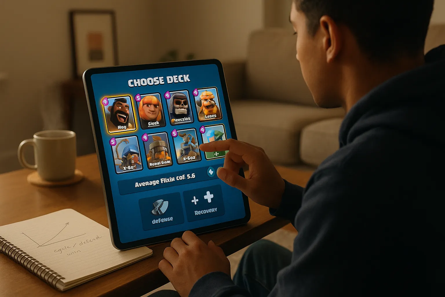 Gamer selecting a beginner Clash Royale deck on a tablet at home.