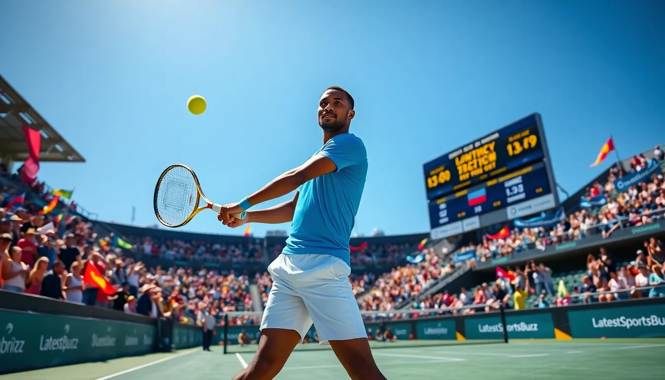 A tennis player mid-swing in a lively stadium filled with fans.