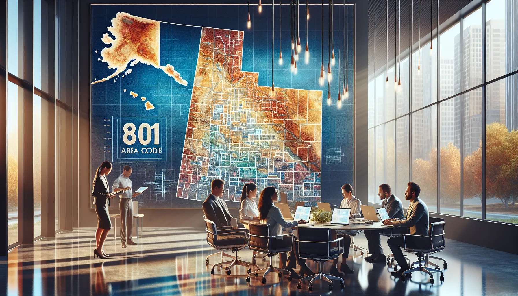Stylized map of Utah with professionals discussing telecommunications in an office.