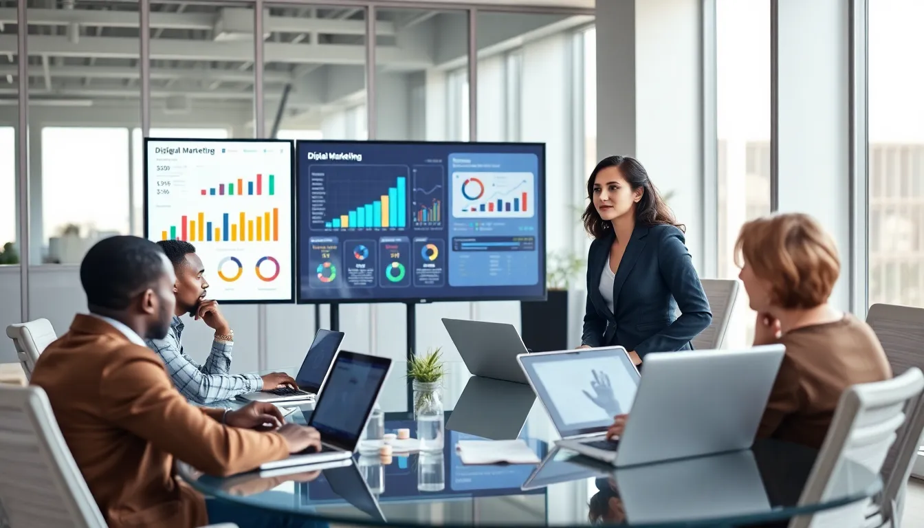 diverse team discussing digital marketing strategies in a modern office.
