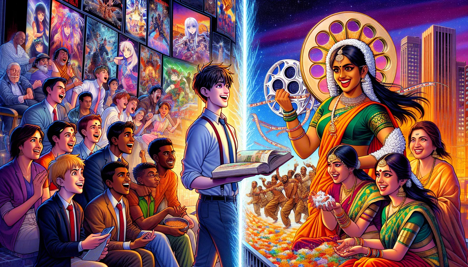 An Asian man discussing anime with friends while an Indian woman holds a Bollywood film reel.